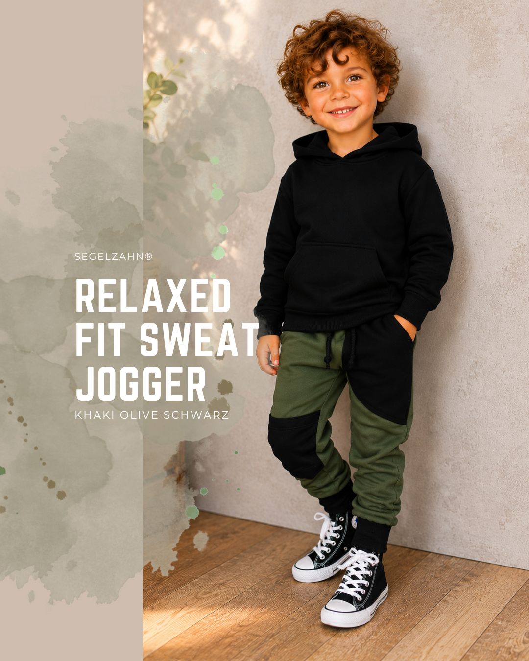 Relaxed Fit Kinder Jogginghose Khaki Olive | Sweat Jogger | Unisex Jungen Mädchen | Jogginghose Kinder Sweat Jogger khaki olive/schwarz mit Seitentasche, Kniepatches & weichen Mitwachsbündchen für Jungen und Mädchen