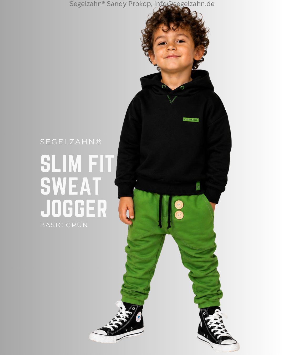 Slim Fit Sweat Hose Unisex Kinder, Jogginghose Unifarben Grün mit großer Seitentasche und Softbündchen in Schwarz