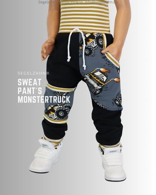 Kinderhose Schwarz, cool für Jungen, Unisex Slim Fit Schnitt aus schwarzem Sweatstoff, großer Seitentasche mit Monstertruckmo