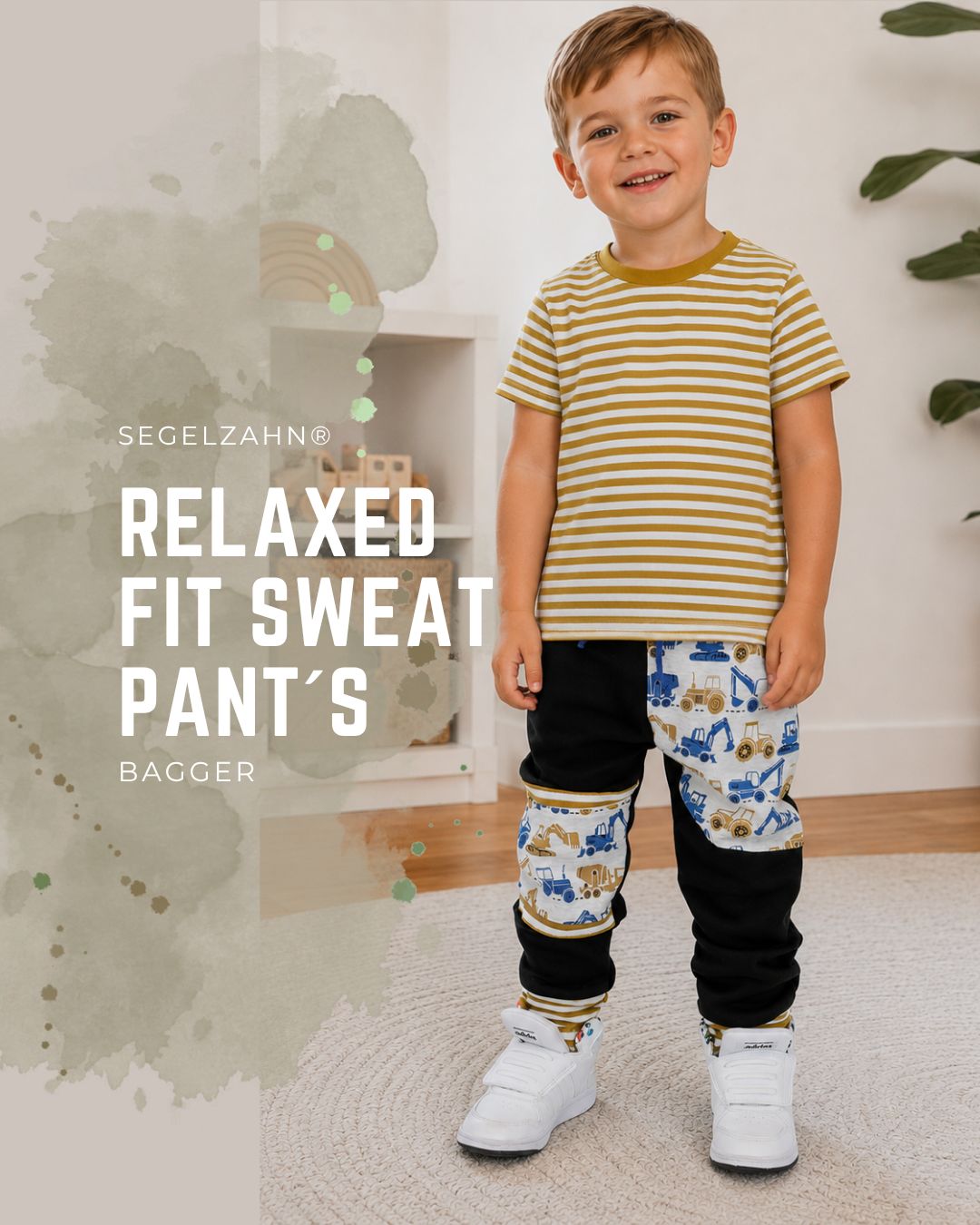 Kinderhose mit Bagger-Motiv und Baustellenfahrzeugen, schwarze Slim Fit Jogginghose aus French Terry für Jungen und Mädchen
