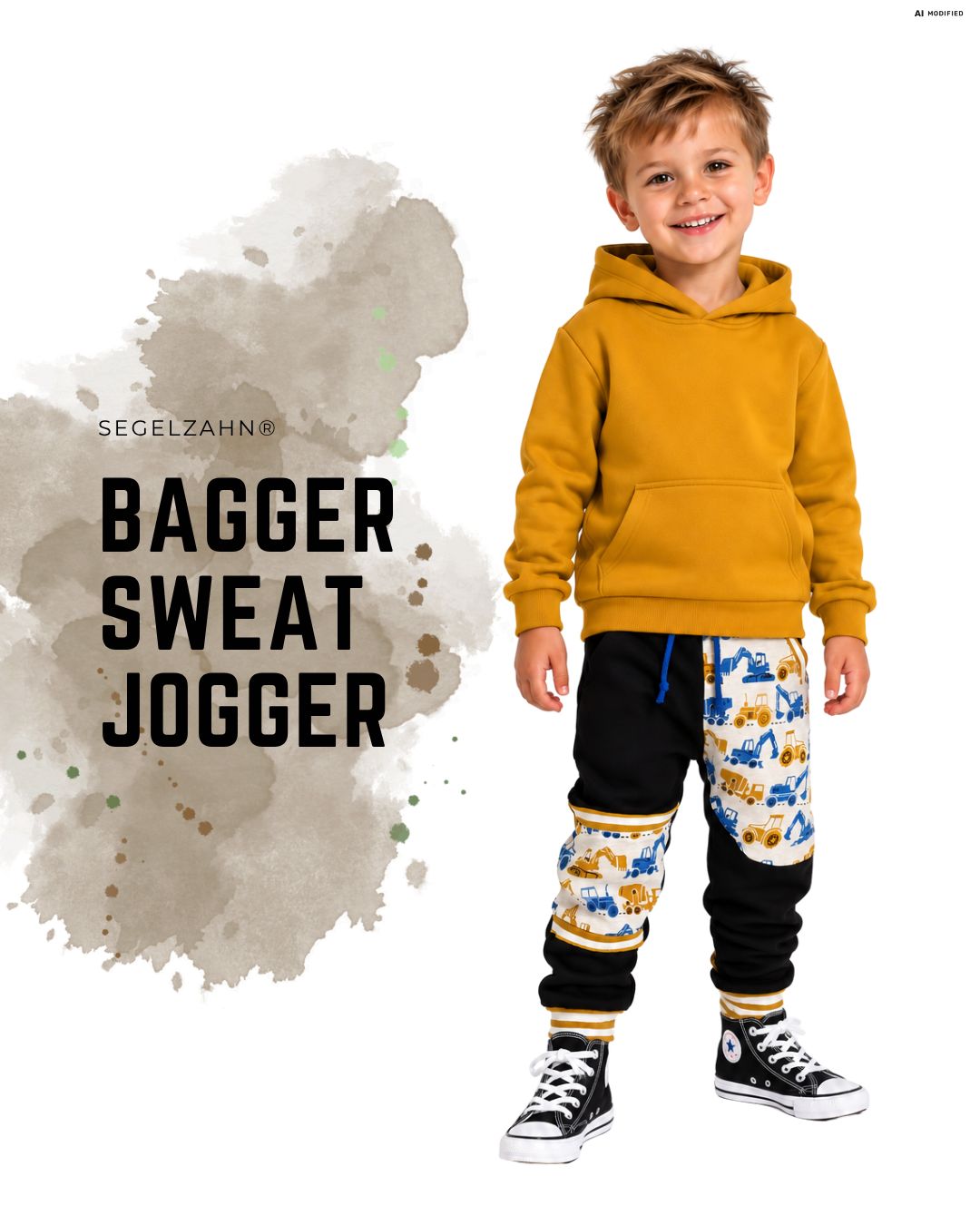 Kinderhose Bagger | Slim Fit Jogger Jungen | Jogginghose Kinder | Sweathose Schwarz | Hosen für Kind und Baby | Mitwachshose | Pull-ON Kinderhose mit Bagger-Motiv und Baustellenfahrzeugen, schwarze Slim Fit Jogginghose aus French Terry für Jungen und Mädchen