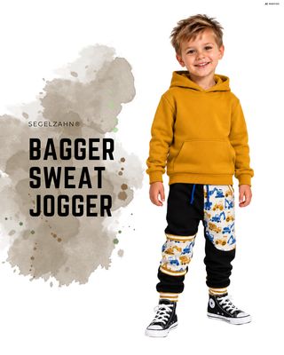 Kinderhose Bagger | Slim Fit Jogger Jungen | Jogginghose Kinder | Sweathose Schwarz | Hosen für Kind und Baby | Mitwachshose | Pull-ON Kinderhose mit Bagger-Motiv und Baustellenfahrzeugen, schwarze Slim Fit Jogginghose aus French Terry für Jungen und Mädchen