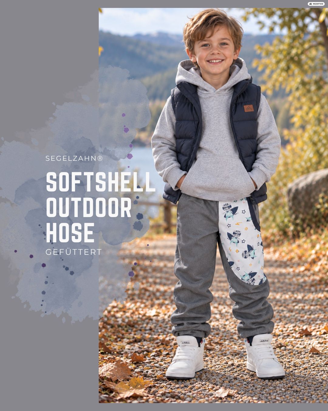 Gefütterte Softshell Hose für Kinder | Graue Outdoorhose Fleecefutter für Jungen und Mädchen | warme Regenkleidung | Waldkindergarten Gefütterte Softshellhose für Kinder in Grau mit blauem Bündchen und Motiv-Seitentasche