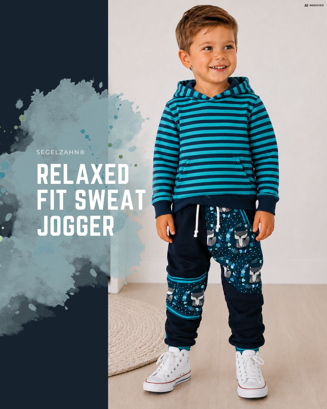 Kinder Slim Fit Hose Fuchs Dunkelblau Türkis | Mitwachshose Sweat Jogger | Jogginghose Baby & Kinder | Unisex Handmade | Kinderhose Handgefertigte Kinder Jogginghose in Dunkelblau und Türkis mit Fuchs-Print, verstärkten Knien und Softbündchen.