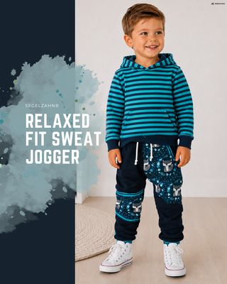 Kinder Slim Fit Hose Fuchs Dunkelblau Türkis | Mitwachshose Sweat Jogger | Jogginghose Baby & Kinder | Unisex Handmade | Kinderhose Handgefertigte Kinder Jogginghose in Dunkelblau und Türkis mit Fuchs-Print, verstärkten Knien und Softbündchen.