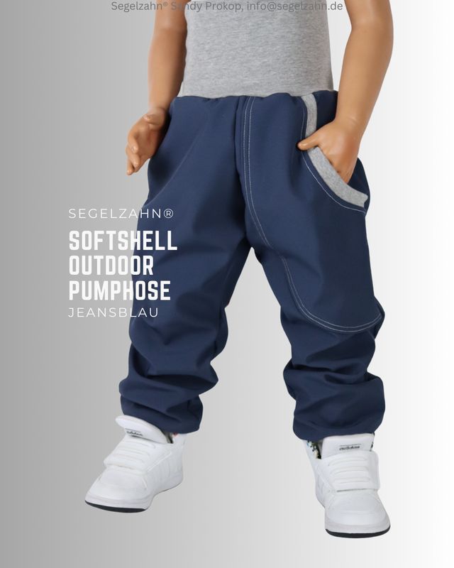 Softshellhose für Kinder, Unisex Pumphose aus Softshellstoff in Jeansblau innen mit warmem Fleecefutter, Regenkleidung für Ju