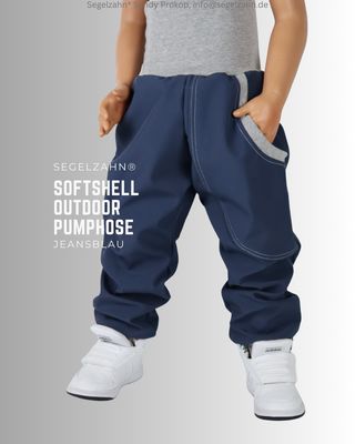 Softshellhose für Kinder, Unisex Pumphose aus Softshellstoff in Jeansblau innen mit warmem Fleecefutter, Regenkleidung für Ju