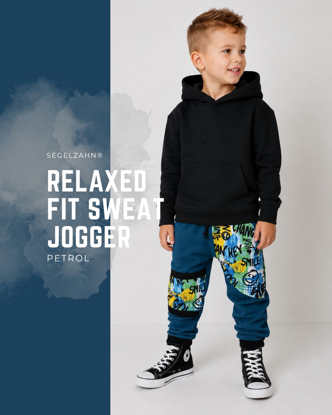 Slim Fit Sweat Hose Kinder Petrol Unisex, Jogginghose für Jungen und Mädchen Petrolblau Smile Sweathose Kind Baby Kleidung Segelzahn Hosen Kinderhose im Slim Fit Schnitt , gemütlich geschnitten aus Petrolfarbenem Sweatstoff, Jogginghose Unisex für Jungen und Mädch