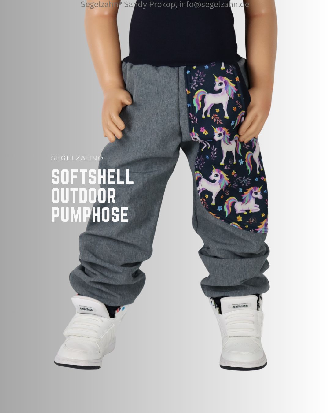 Softshellhose Mädchen gefüttert Grau Einhörner, warme Outdoorhose aus Grau meliertem Softsehll mit großer Seitentasche Blau E