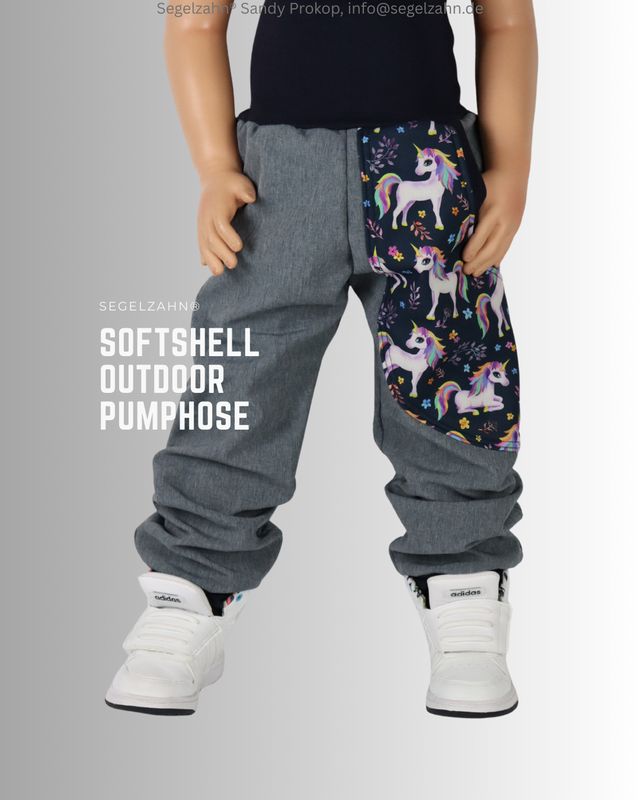 Softshellhose Mädchen gefüttert Grau Einhörner, warme Outdoorhose aus Grau meliertem Softsehll mit großer Seitentasche Blau E