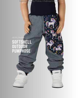 Softshellhose Mädchen gefüttert Grau Einhörner, warme Outdoorhose aus Grau meliertem Softsehll mit großer Seitentasche Blau E