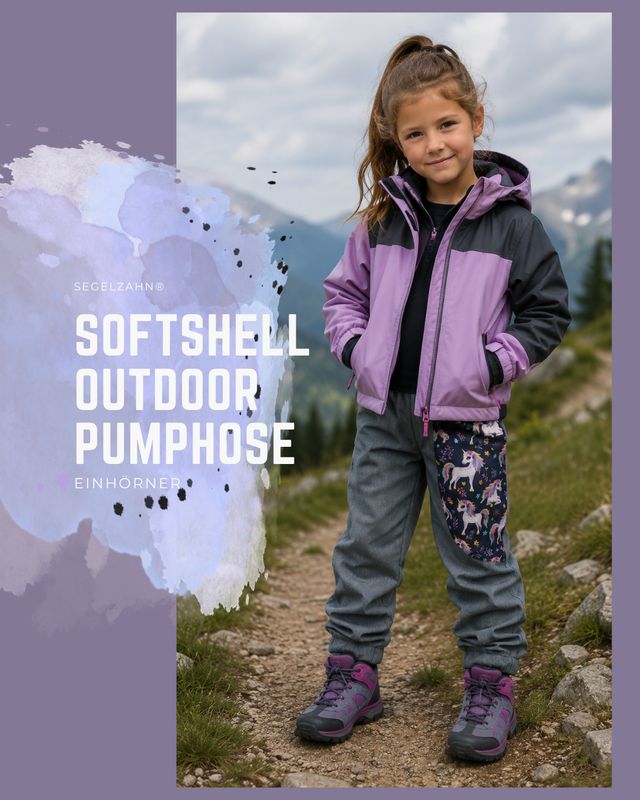 Softshellhose Mädchen gefüttert | Outdoor Pumphose Grau Einhörner | Regenhose Kinder | warme Matschhose zum Mitwachsen | Übergangshose Graue Softshell Pumphose für Mädchen mit Einhörnern, gefüttert, wetterfest und bequem für Kindergarten, Schule und Freizeit.