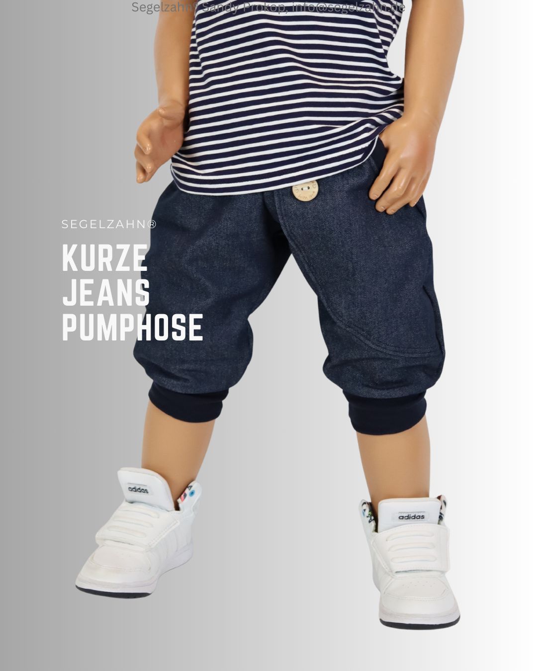Kurze Hose Kinder, Jeans Pumphose in dreiviertel Länge aus dunkelblauem robustem Jeansstof mit einer großen Seitentasche, Han
