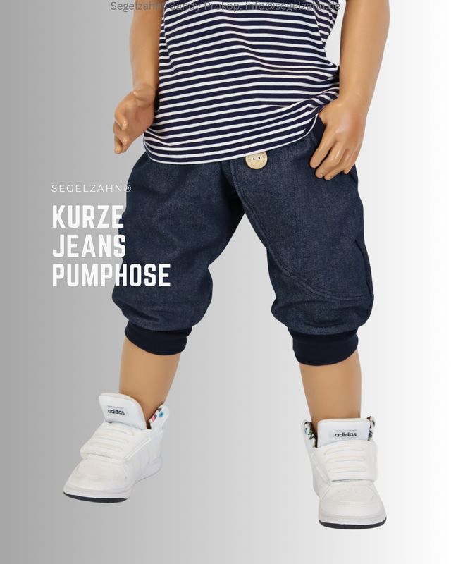 Jeans Pumphose Unisex Blau, kurze Hose für Jungen & Mädchen, blaue Kinderhose Segelzahn Jeanshose Shorts, Kinderkleidung Hosen f. den Sommer Kurze Hose Kinder, Jeans Pumphose in dreiviertel Länge aus dunkelblauem robustem Jeansstof mit einer großen Seitentasche, Han