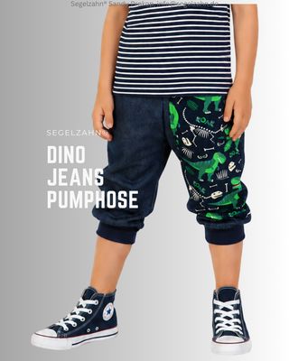 Jeans Hose Kinder blau, Dino Pumphose Sommerhose Unisex kurze Jeans Pumphose Blau mit Dino Seitentasche, Softbündchen in Blau, Sommerhose Jeansstoff für Jungen und Mädchen