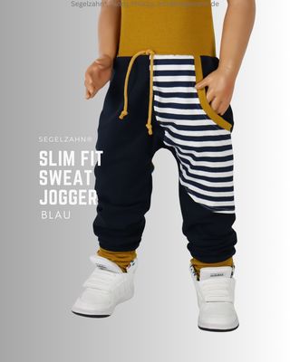 Segelzahn Hosen Kinder, Unisex Sweat Jogger, Slim Fit Kinderhose aus weichem French Terry Sweatstoff in Dunkelblau. Joggingho
