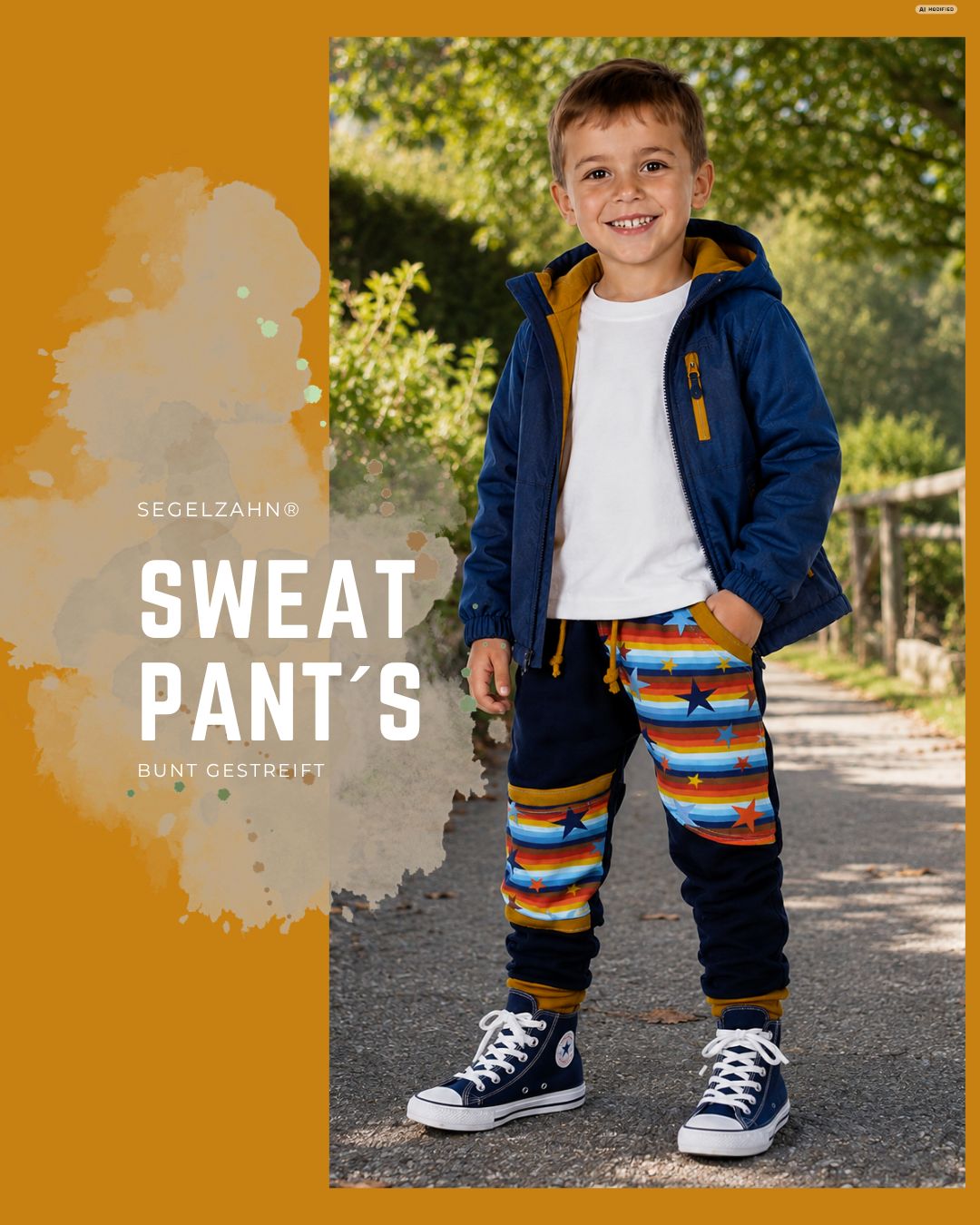 Kinder Sweat Hose Unisex Dunkelblau | mitwachsende Jogginghose für Jungen & Mädchen | bunt sterne Dunkelblaue Kinderhose als bequeme Mitwachshose mit bunten Streifen und Sternen