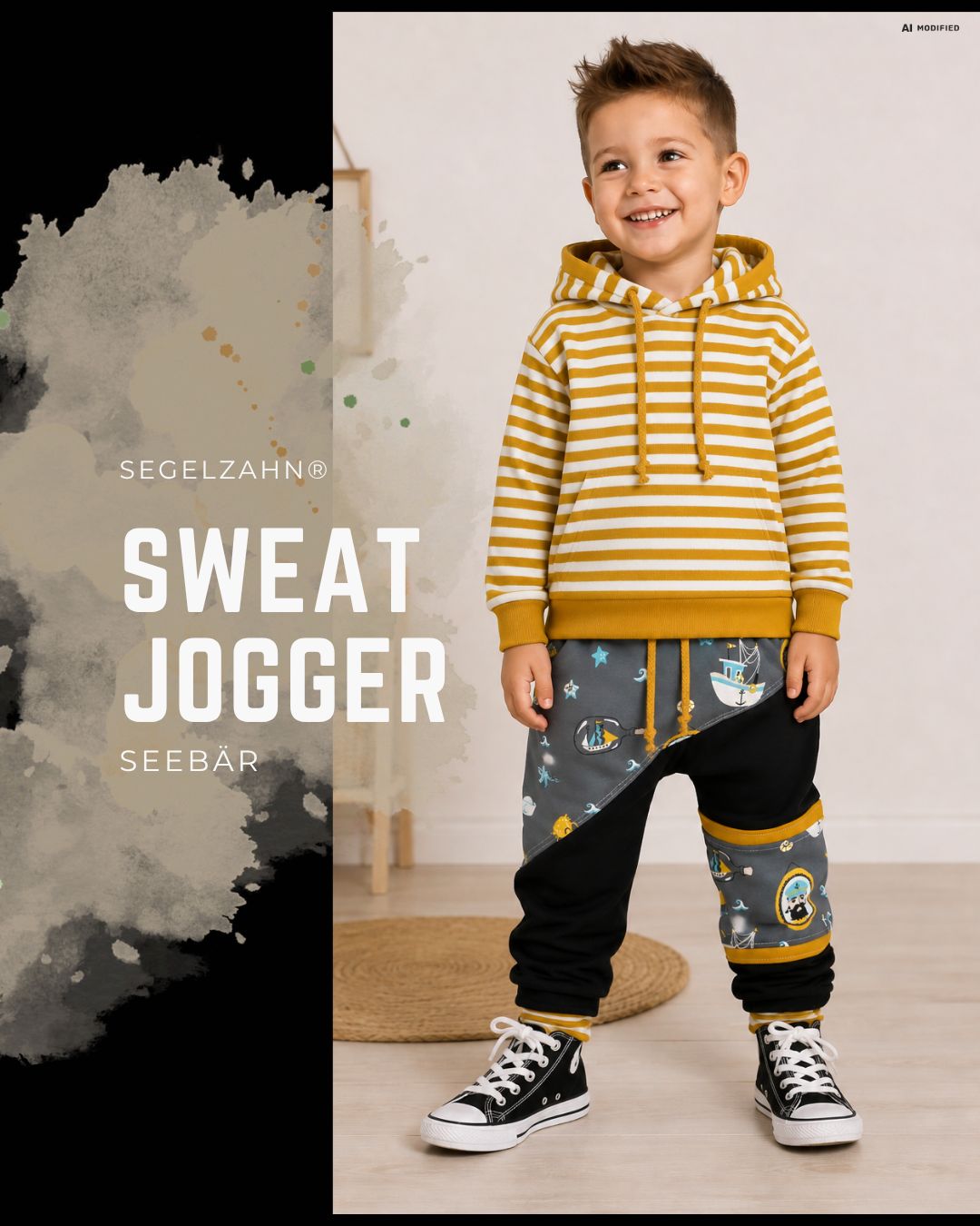 Kinder Sweat Hose Seebär | Mitwachshose Unisex Jungen Mädchen | schwarze Kinderhose, Jogginghose Sweat Jogger Schwarze Kinder Sweat Hose „Seebär“ aus French Terry, maritime Unisex Mitwachshose mit senf-weißen Ringelbündchen