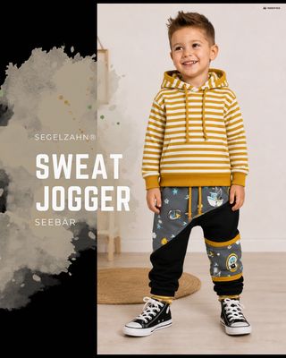 Kinder Sweat Hose Seebär | Mitwachshose Unisex Jungen Mädchen | schwarze Kinderhose, Jogginghose Sweat Jogger Schwarze Kinder Sweat Hose „Seebär“ aus French Terry, maritime Unisex Mitwachshose mit senf-weißen Ringelbündchen