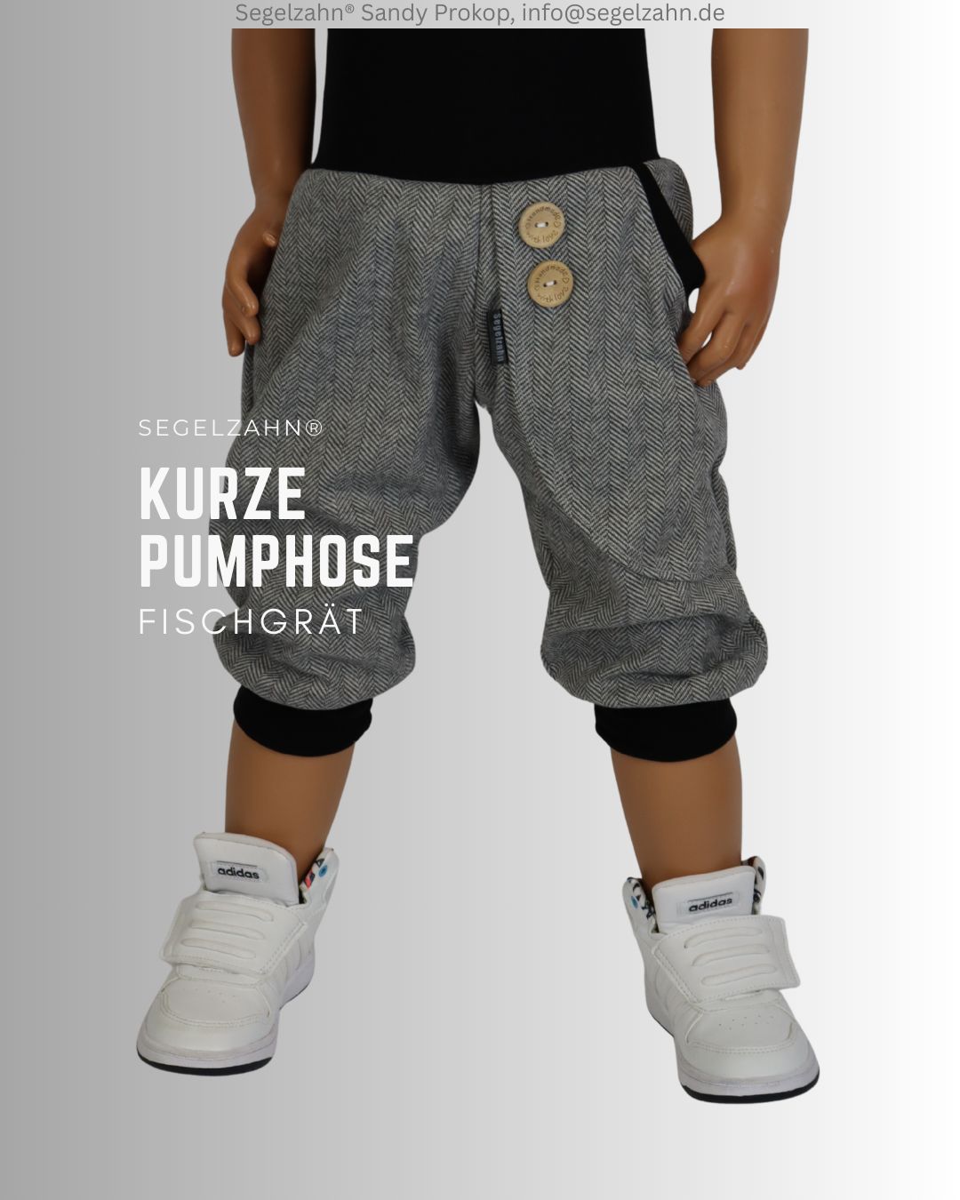 elegante Hose für Kinder, Sommerhose Fischgrät grau, robuste kurze Pumphose Unisex für Jungen und Mädchen, schlicht im Design