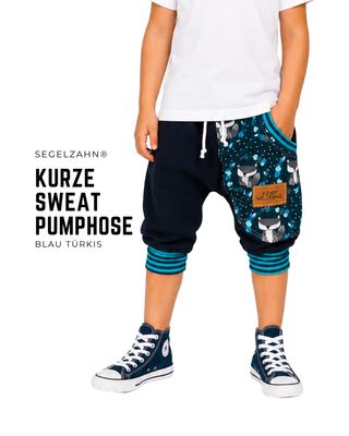 Kurze Kinderhose Fuchs Blau Türkis | Pumphose Kinder | Sommerhose Jungen Mädchen | Bequeme Sweatshorts | Mitwachshose | Unisex Kurze Kinder Pumphose Blau Türkis mit Fuchs-Motiv aus Sweatstoff für Jungen und Mädchen