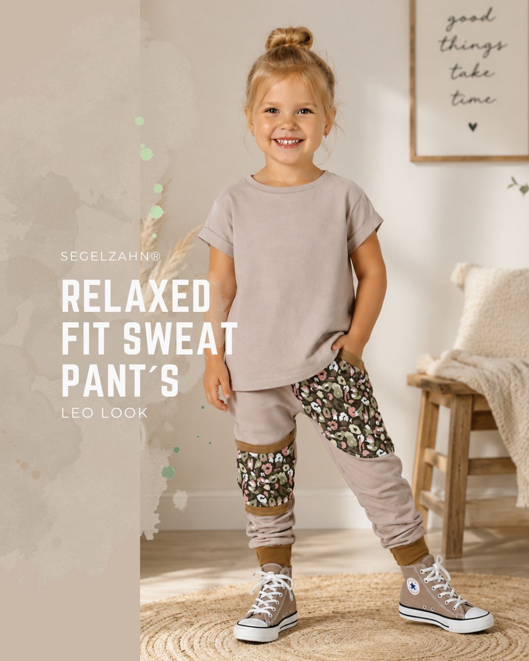 Kinderhose in Beige mit Leo Muster und großer Seitentasche als bequeme Mitwachshose für Mädchen.