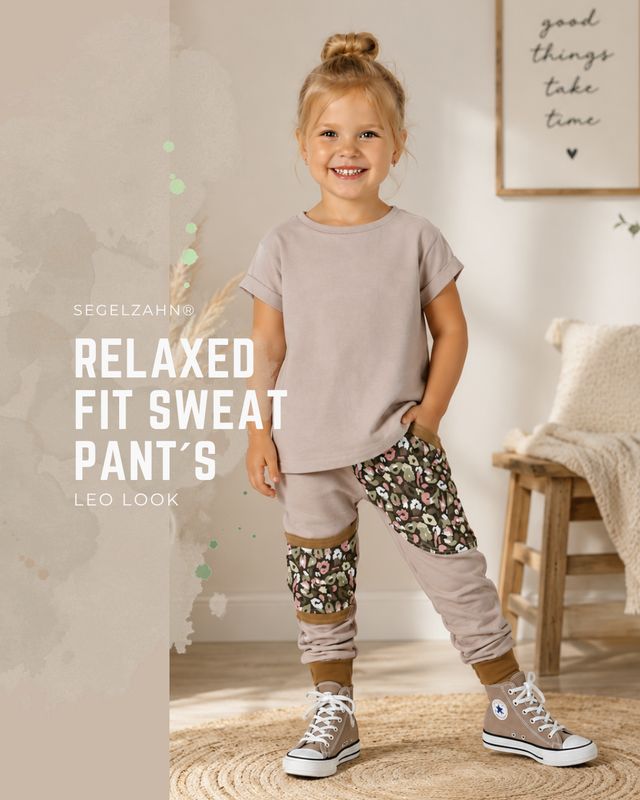 Mitwachshose Mädchen Beige Leo Look | Kinderhose aus French Terry | Slim Fit Jogger mit Tasche Kinderhose in Beige mit Leo Muster und großer Seitentasche als bequeme Mitwachshose für Mädchen.