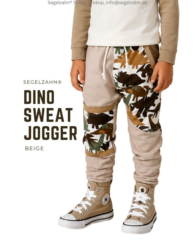 Slim Fit Hose Kinder aus beigem French Terry Sweatstoff mit Dino-Muster – bequeme Jungenhose
