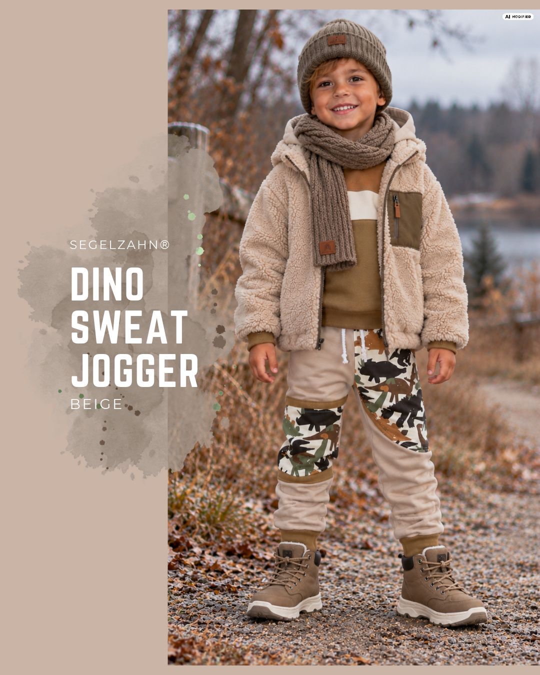 Beige Dino-Sweathose für Kinder mit Dinosaurier-Kniepatches und braunen Boots.