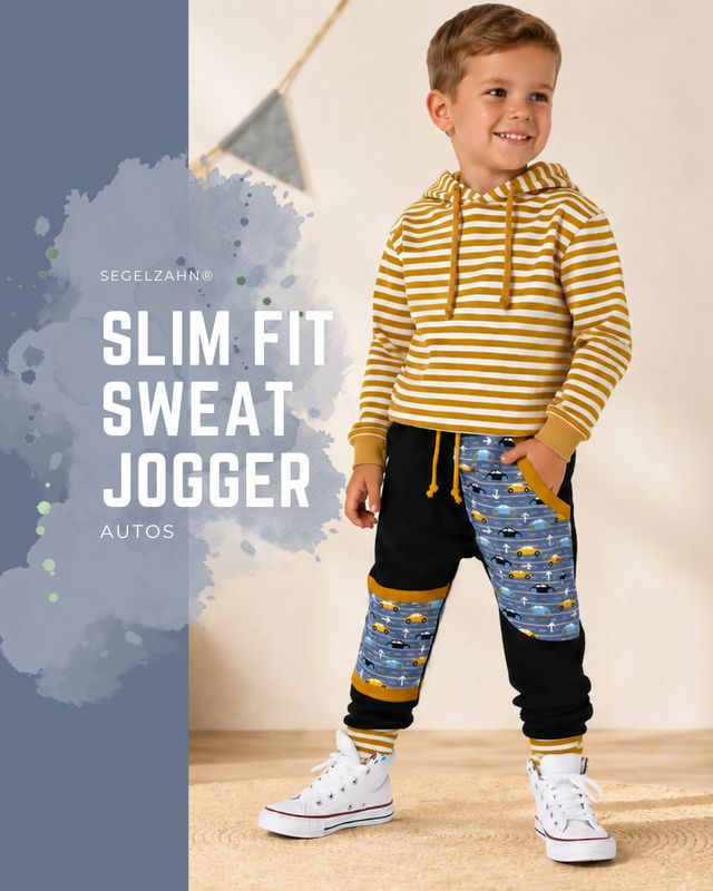 Kinder Jogginghose mit Autos in Schwarz – Slim Fit Mitwachshose für Jungen und Mädchen Schwarze Kinderhose im Slim Fit Schnitt mit Auto-Motiv Tasche und bequemen Bündchen aus weichem Sweatstoff