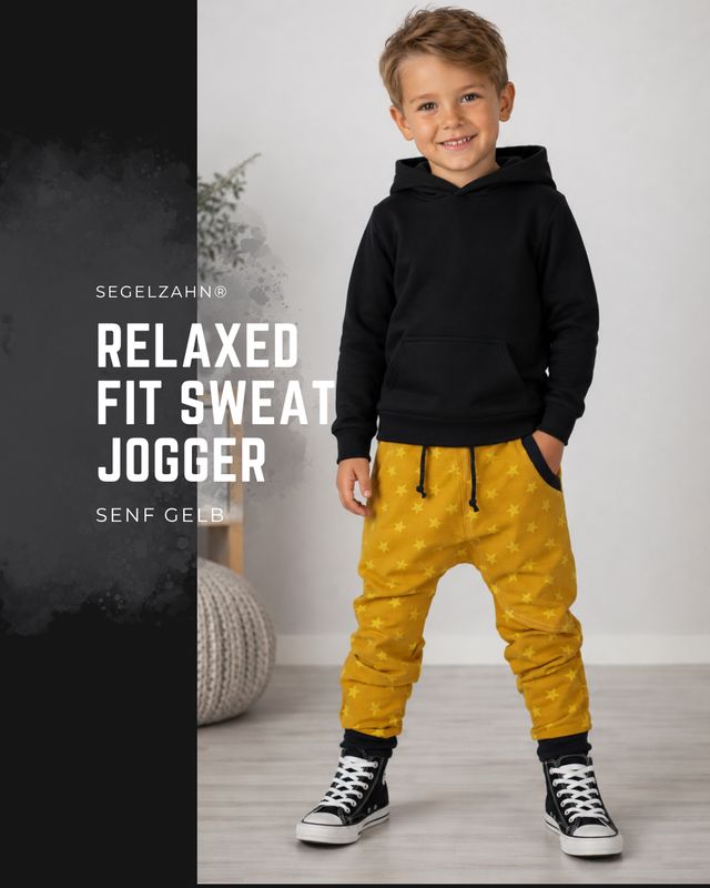 Slim Fit Kinderhose Senfgelb Sterne | Mitwachshose Kinder | Sweat Hose Jungen Mädchen | Jogginghose Handmade Slim Fit Sweat Hose für Kinder in Senfgelb mit Sternen und dunkelblauen Bündchen, bequeme Mitwachshose Unisex handmade in Ger