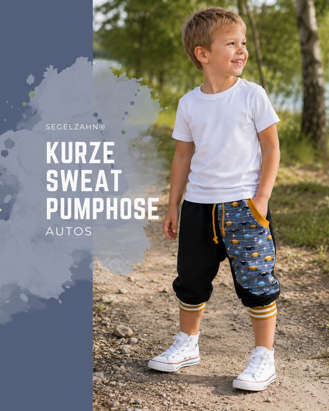 Kurze Pumphose für Kinder aus schwarzem French Terry Sweatstoff mit grauer Auto-Seitentasche, senfgelben Dekobändern