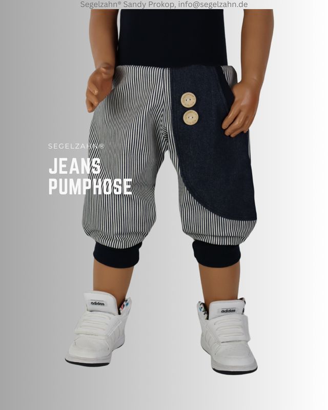 Jeans Pumphose Kinder, kurze Sommerhose Jeans Unisex gestreift blau, Shorts für Kinder aus robustem Jeansstoff blau gestreift