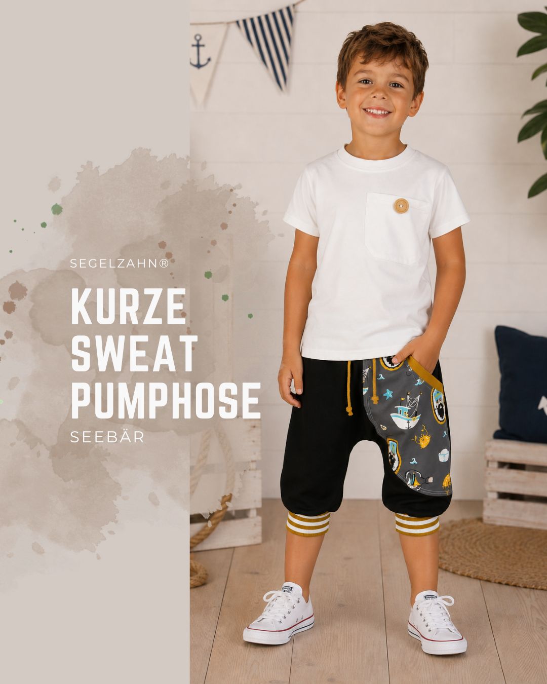 kurze pumphose kinder sommerhose schwarz seebär maritim unisex sweat shorts jungen mädchen