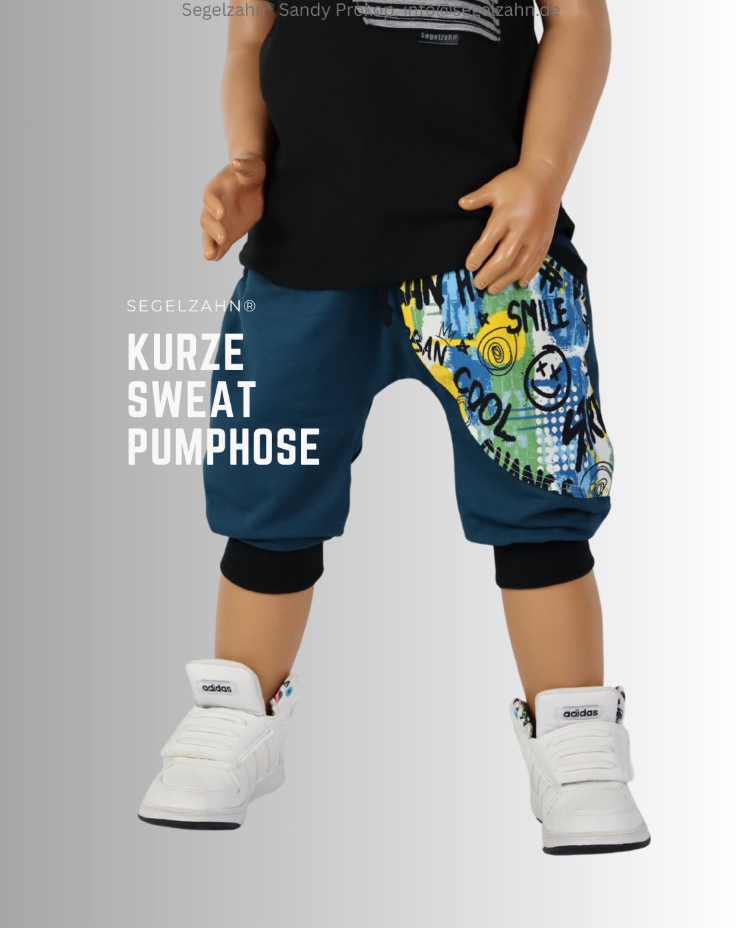 kurze Hose Kinder, Sweat Pumphose Unisex Shorts Petrol Smile kurze Hose Kinder, Sweat Pumphose für den Sommer, Unisex Kinderhose aus weichem French Terry Sweatstoff Petrol mit großer Sei