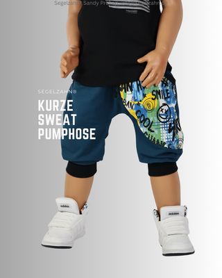 kurze Hose Kinder, Sweat Pumphose Unisex Shorts Petrol Smile kurze Hose Kinder, Sweat Pumphose für den Sommer, Unisex Kinderhose aus weichem French Terry Sweatstoff Petrol mit großer Sei