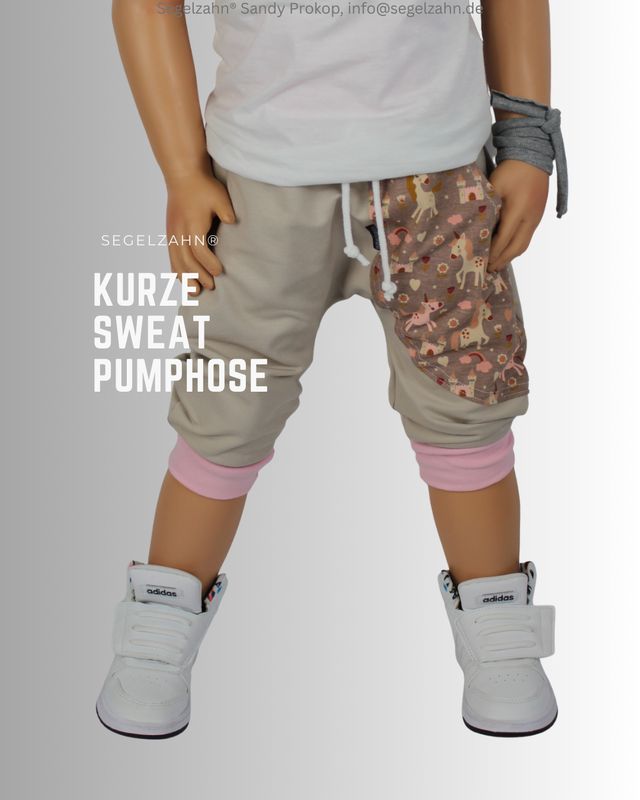 kurze Hose Mädchen, Sweat Pumphose Kind Baby Sommerhose Beige Einhörner, Kinderhose dreiviertelllang aus French Terry Sweatst