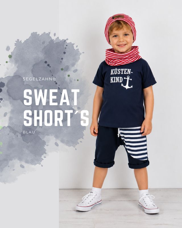 Dunkelblaue Sweat Shorts, Knielange Sommerhose in Dunkelblau mit gestreifter Seitentasche und Softbündchen in Blau