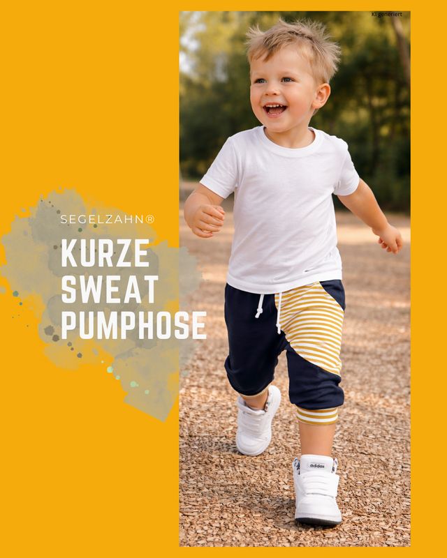 kurze Hose Kinder, Unisex Sweat Pumphose in Dunkelblau mit gestreifter senfgelber Seitentasche, weißen Dekobändern und Softbü