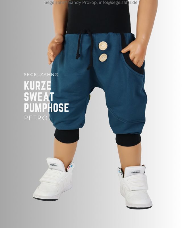 kurze Hose Kinder, Sweat Pumphose Unisex Petrol, Kinderhose halblang aus weichem French Terry Sweatstoff in Petrol-Blau , ein