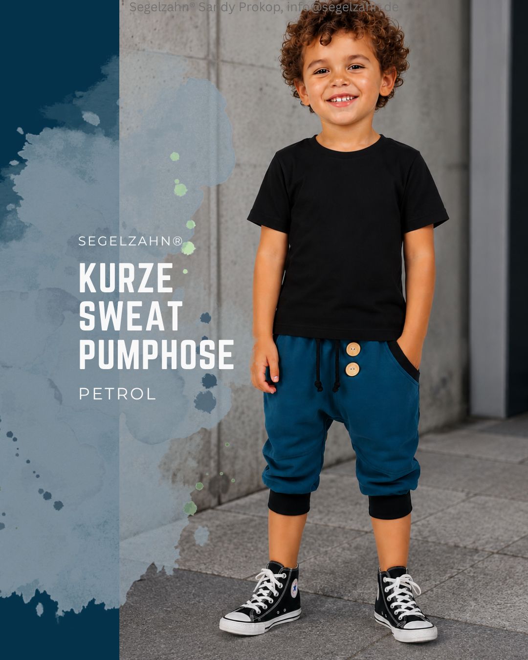 Unifarbene 3/4 Kinder Pumphose in Petrol aus weichem Sweatstoff mit bequemen Bündchen.