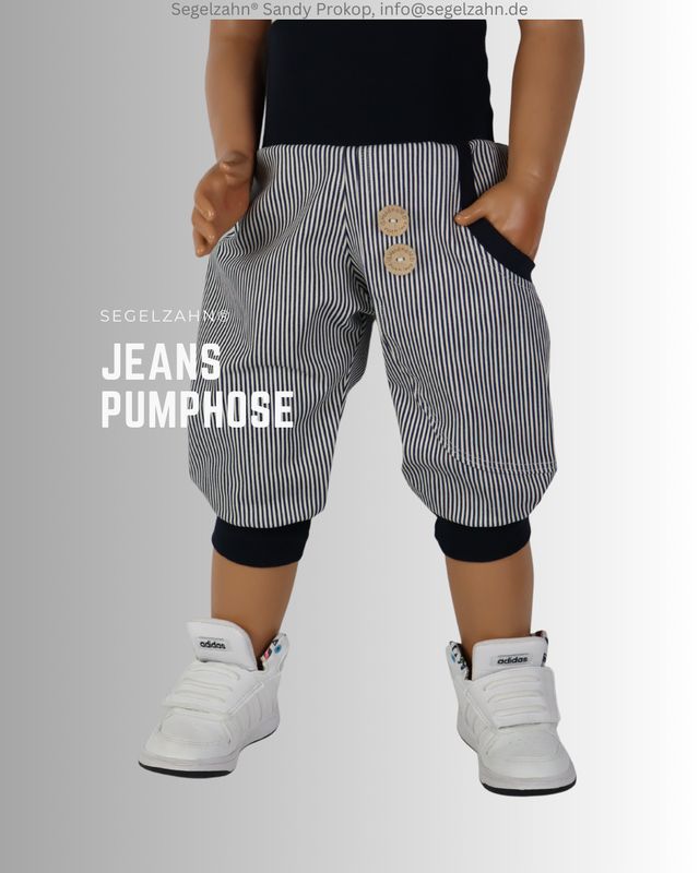 Jeans Pumphose Kinder, kurze Sommerhose Jeans Unisex gestreift blau, Shorts für Kinder aus robustem Jeansstoff blau gestreift