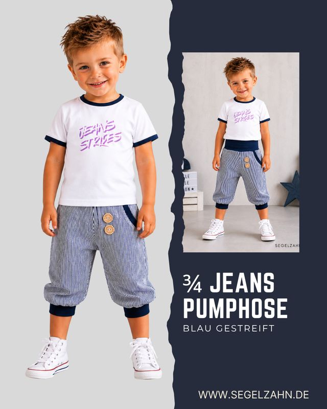kurze Hose Kinder, Jeans Pumphose Unisex gestreift blau, Sommerhose Jeanshose Lächelnder Junge trägt eine blau gestreifte 3/4 Pumphose mit dunkelblauen Bündchen, großer Seitentasche und zwei Holzknöpfen