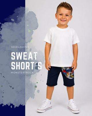 Sweat Shorts Kinder, kurze Hose Unisex Blau Monstertruck, Sommerhose Sweatshorts Monstertruck Blau für Jungen mit auffälligem Fahrzeug-Print an der Tasche, bequeme Kinder-Shorts im sportlichen L