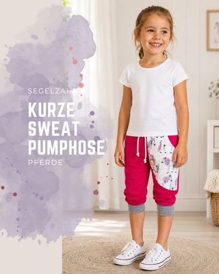 kurze Hose Mädchen, Pinke Sweat Pumphose Pferde, Kind Baby Sommerhose Sweatpumphose lächelndes Mädchen mit weißem Shirt und kurzer , 3/4 langer Sweat Pumphose in Pink mit weißer Seitentasche mit Pferden