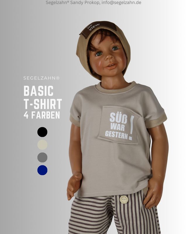 T-Shirt Kinder Unisex Beige, Basic Sommershirt aus weichem Sommersweatstoff mit großem Patch im Brustbereich mit der Aufschri