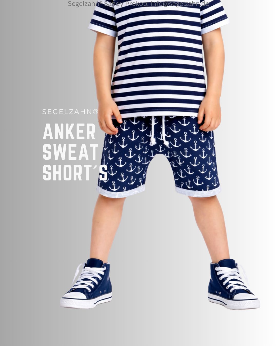 Shorts, kurze Hose Kinder, Unisex Sommerhose aus weichem French Terry Sweatstoff in Blau mit Allover Print Anker weiß, Sommer