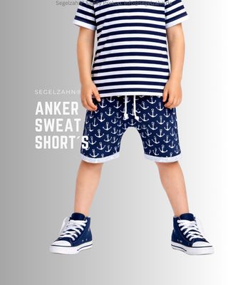 Shorts, kurze Hose Kinder, Unisex Sommerhose aus weichem French Terry Sweatstoff in Blau mit Allover Print Anker weiß, Sommer