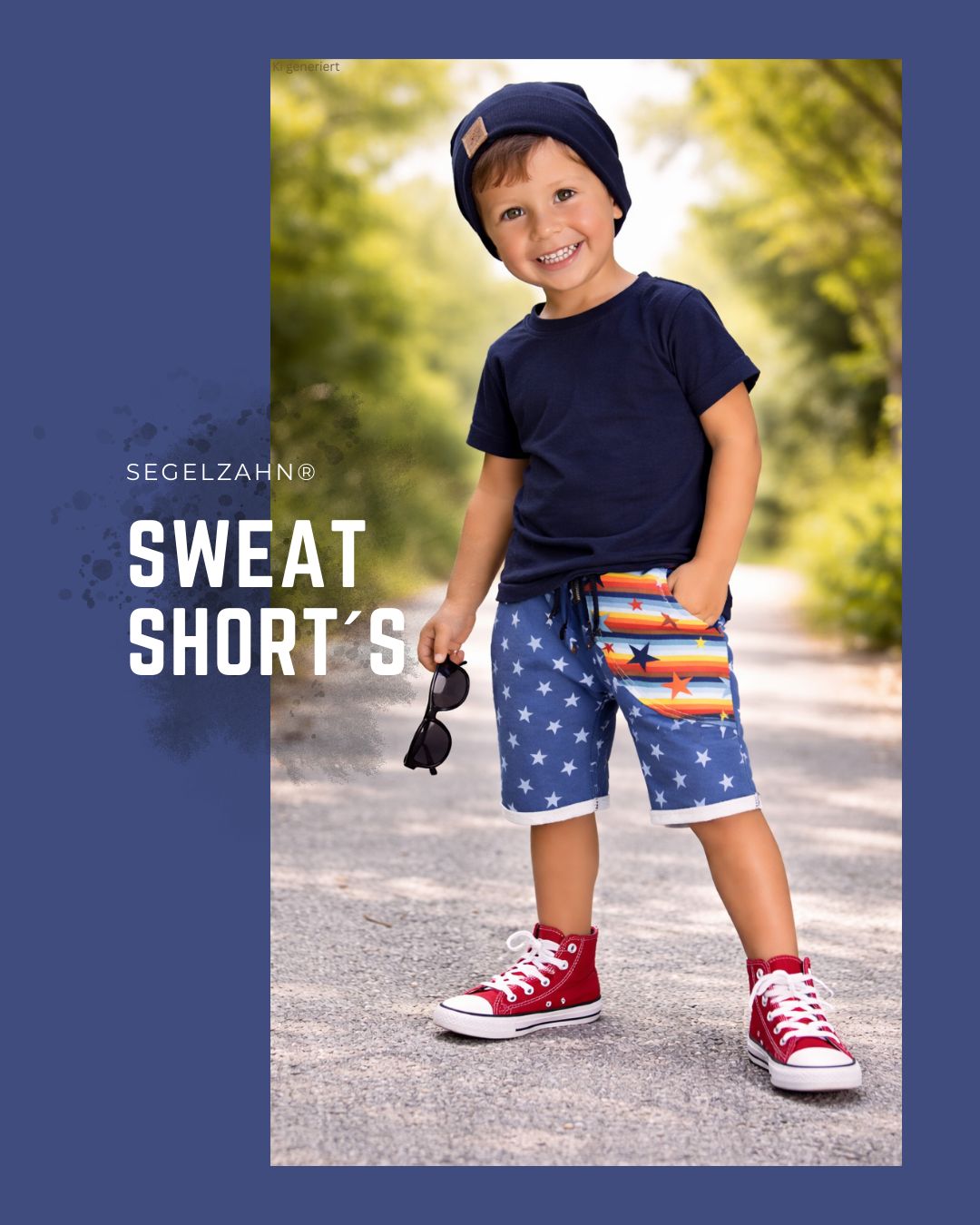 Shorts für Kinder, kurze Hose Unisex Sweathose Knielang aus weichem French Terry Sweatstoff Rauchblau helle sterne mit bunt g