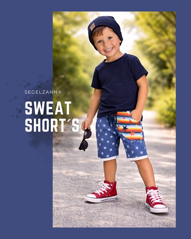 Shorts für Kinder, kurze Hose Unisex Sweathose Knielang aus weichem French Terry Sweatstoff Rauchblau helle sterne mit bunt g